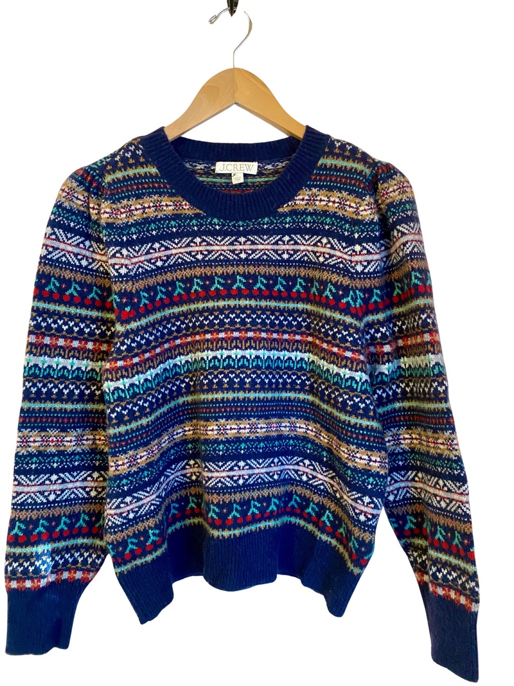 J. Crew Puff-sleeve Cherry Fair Isle crewneck sweater navy multi colored - Large
